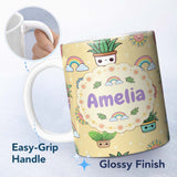 Personalized Custom Name Cute Kawaii Plants Rainbows Smiling Sun Yellow Background Seamless 11oz Ceramic Coffee Tea Mug White Large Handle