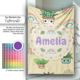 Cute Kawaii Plants Rainbows Smiling Sun Yellow Background Seamless  Personalised Custom Name Super Soft Fleece Blanket Bed Sofa Throw