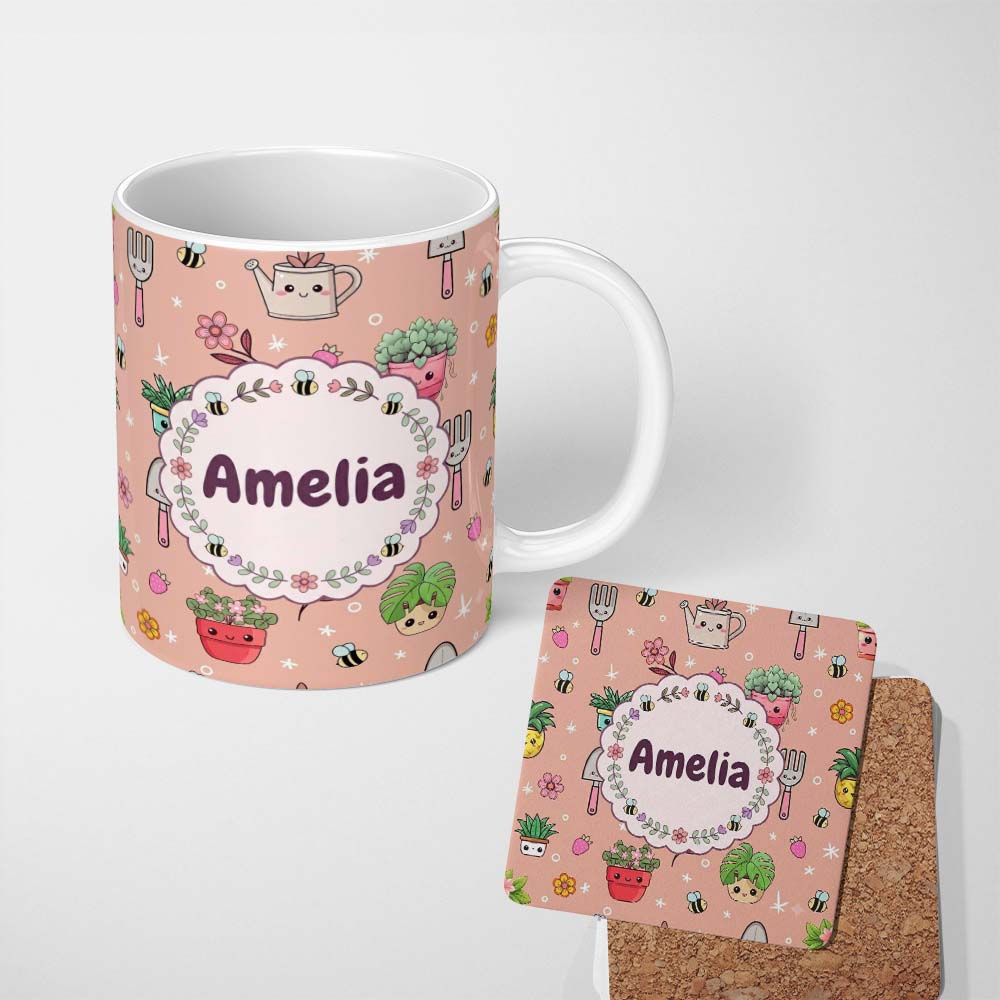 Personalized Custom Name Cute Kawaii Garden Tools Bees Flowers Plants Seamless Pattern Name 11oz Ceramic Coffee Tea Mug White Large Handle