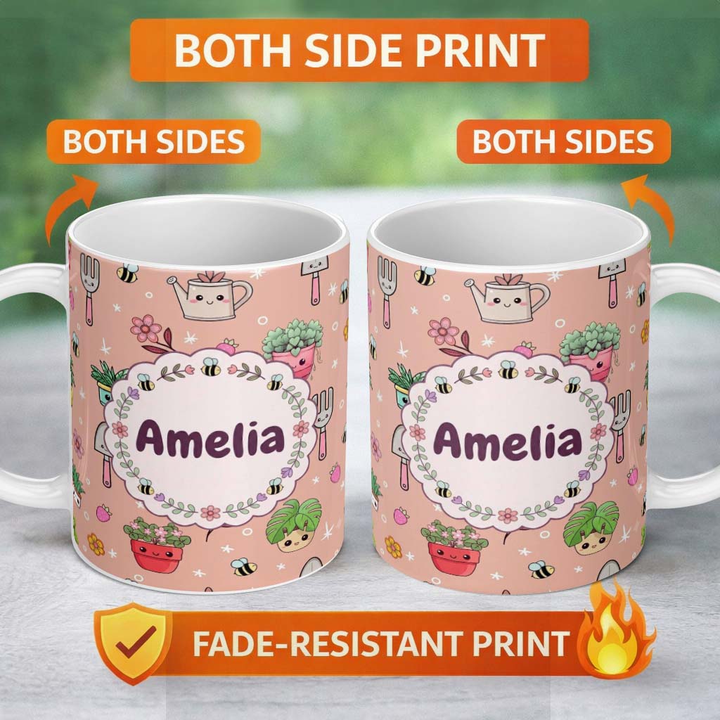 Personalized Custom Name Cute Kawaii Garden Tools Bees Flowers Plants Seamless Pattern Name 11oz Ceramic Coffee Tea Mug White Large Handle