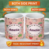 Personalized Custom Name Cute Kawaii Garden Tools Bees Flowers Plants Seamless Pattern Name 11oz Ceramic Coffee Tea Mug White Large Handle