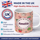 Personalized Custom Name Cute Kawaii Garden Tools Bees Flowers Plants Seamless Pattern Name 11oz Ceramic Coffee Tea Mug White Large Handle