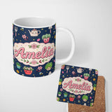 Personalized Custom Name Cute Kawaii Garden Tools Bees Flowers Plants Navy Background 11oz Ceramic Coffee Tea Mug White Large Handle