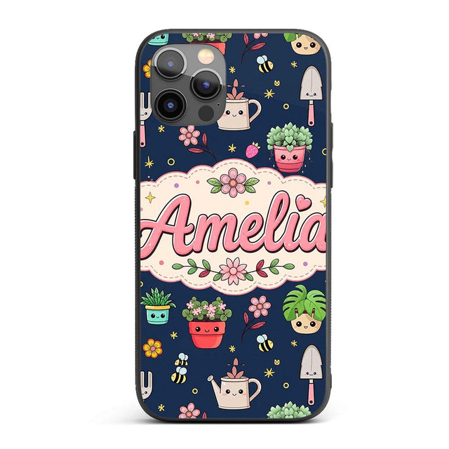 Cute Kawaii Garden Tools Bees Flowers Plants Navy Custom Name Protective Phone Case Mobile Cover Durable Everyday Smartphone Shock Resistant