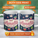 Personalized Custom Name Cute Kawaii Garden Tools Bees Flowers Plants Navy Background 11oz Ceramic Coffee Tea Mug White Large Handle