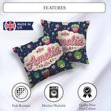 Custom Name Cute Kawaii Garden Tools Bees Plants Navy Background Square Filled Cushion Throw Pillow Sofa Bed Home Decor Zip Washable UK Made