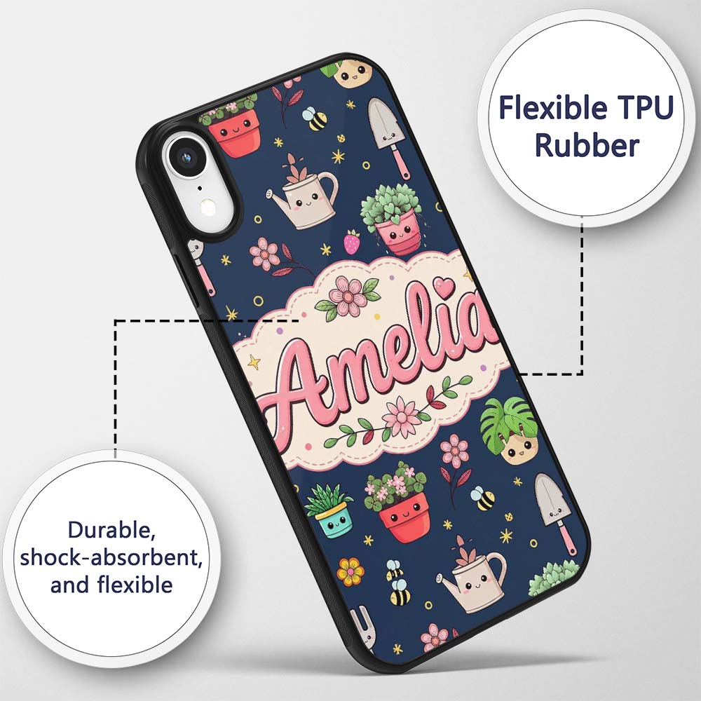 Cute Kawaii Garden Tools Bees Flowers Plants Navy Custom Name Protective Phone Case Mobile Cover Durable Everyday Smartphone Shock Resistant