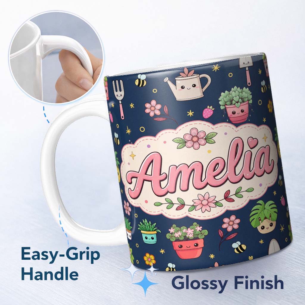 Personalized Custom Name Cute Kawaii Garden Tools Bees Flowers Plants Navy Background 11oz Ceramic Coffee Tea Mug White Large Handle