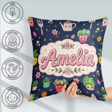 Custom Name Cute Kawaii Garden Tools Bees Plants Navy Background Square Filled Cushion Throw Pillow Sofa Bed Home Decor Zip Washable UK Made
