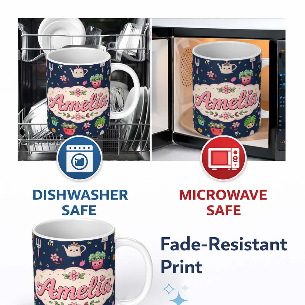 Personalized Custom Name Cute Kawaii Garden Tools Bees Flowers Plants Navy Background 11oz Ceramic Coffee Tea Mug White Large Handle