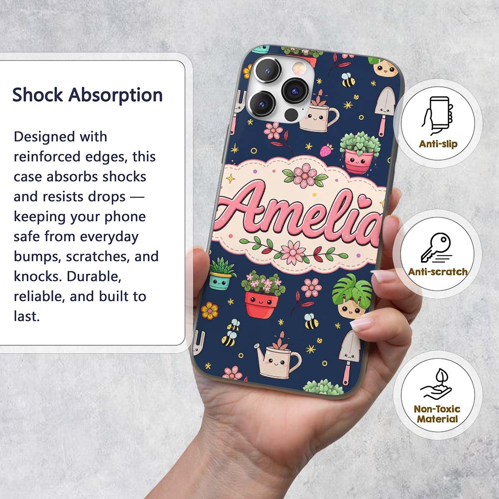 Cute Kawaii Garden Tools Bees Flowers Plants Navy Custom Name Protective Phone Case Mobile Cover Durable Everyday Smartphone Shock Resistant