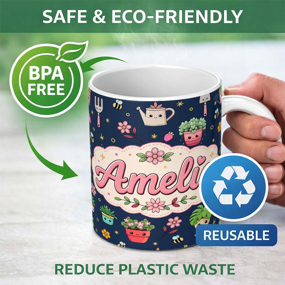 Personalized Custom Name Cute Kawaii Garden Tools Bees Flowers Plants Navy Background 11oz Ceramic Coffee Tea Mug White Large Handle