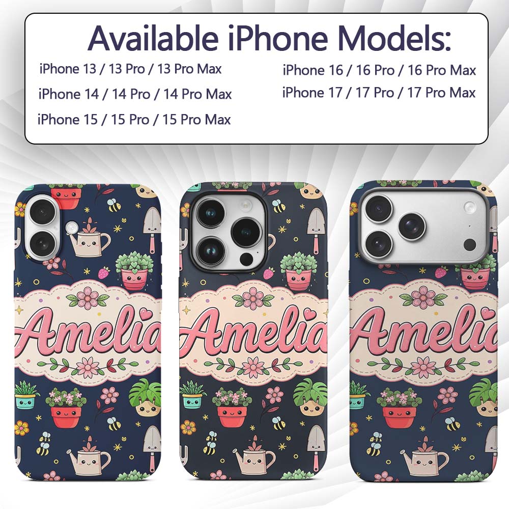 Cute Kawaii Garden Tools Bees Flowers Plants Navy Custom Name Protective Phone Case Mobile Cover Durable Everyday Smartphone Shock Resistant
