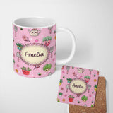 Personalized Custom Name Cute Kawaii Garden Tools Bees Flowers Plants Pink Background 11oz Ceramic Coffee Tea Mug White Large Handle