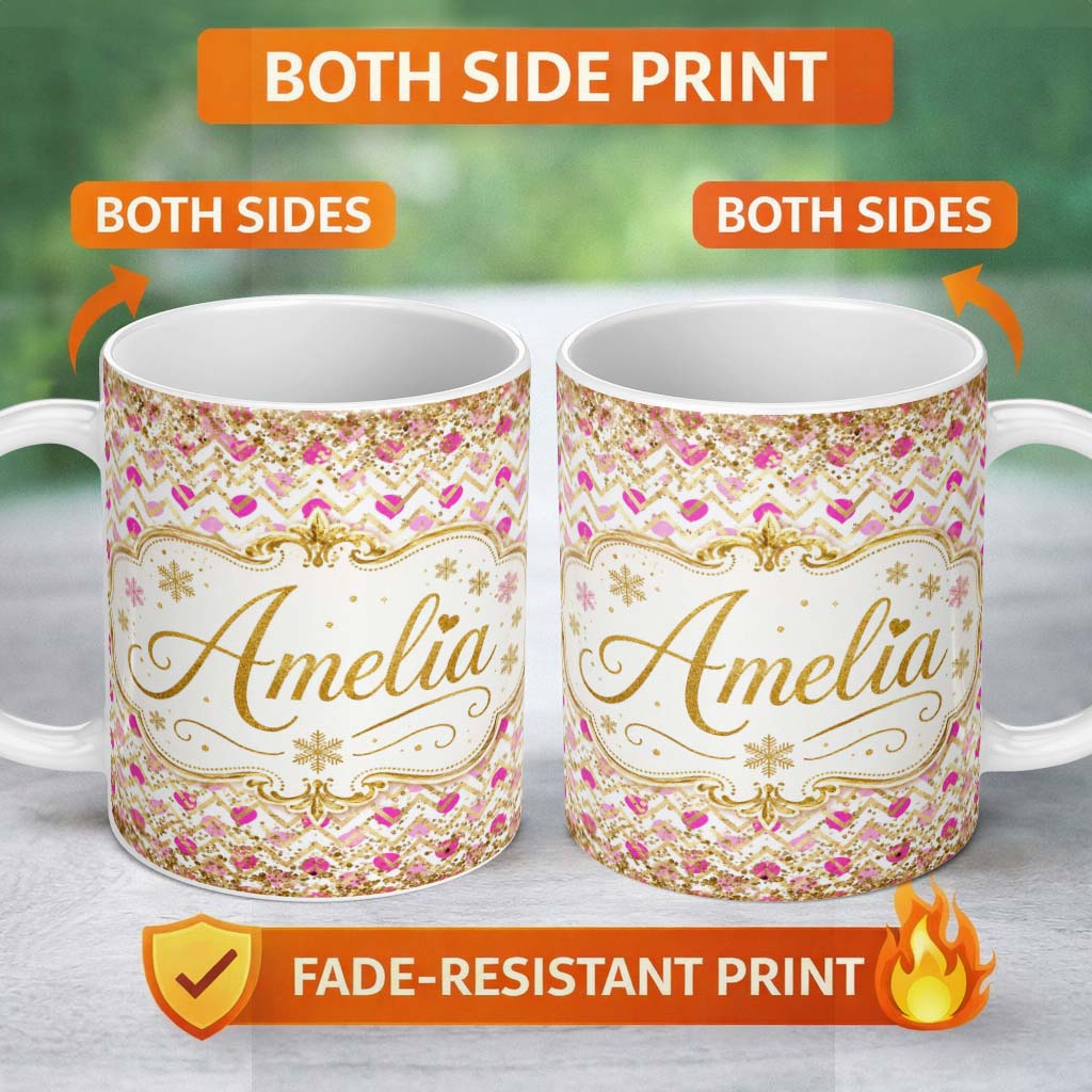 Personalized Custom Name Pink Gold Chevron Glitter Hearts Seamless Pattern Design Stylish 11oz Ceramic Coffee Tea Mug White Large Handle