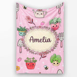 Cute Kawaii Garden Tools Bees Flowers Plants Pink Background  Personalised Custom Name Super Soft Fleece Blanket Bed Sofa Throw