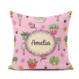Custom Name Cute Kawaii Garden Tools Bees Plants Pink Background Square Filled Cushion Throw Pillow Sofa Bed Home Decor Zip Washable UK Made