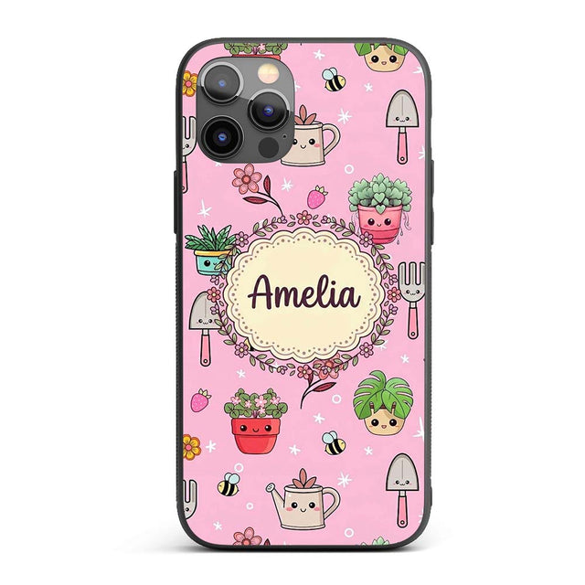 Cute Kawaii Garden Tools Bees Flowers Plants Pink Custom Name Protective Phone Case Mobile Cover Durable Everyday Smartphone Shock Resistant