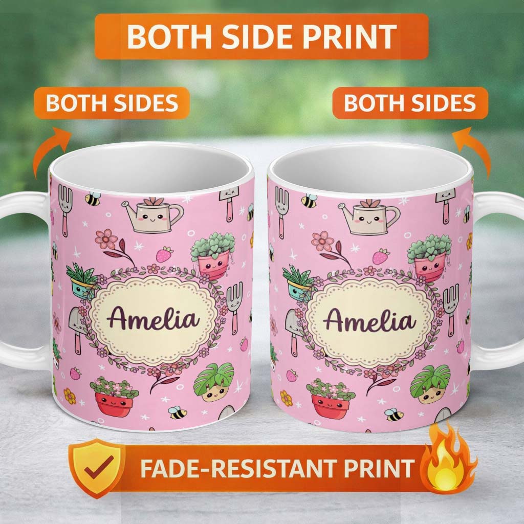 Personalized Custom Name Cute Kawaii Garden Tools Bees Flowers Plants Pink Background 11oz Ceramic Coffee Tea Mug White Large Handle