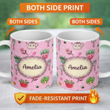 Personalized Custom Name Cute Kawaii Garden Tools Bees Flowers Plants Pink Background 11oz Ceramic Coffee Tea Mug White Large Handle