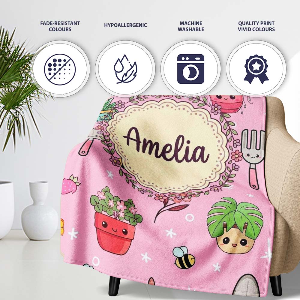 Cute Kawaii Garden Tools Bees Flowers Plants Pink Background  Personalised Custom Name Super Soft Fleece Blanket Bed Sofa Throw