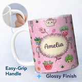 Personalized Custom Name Cute Kawaii Garden Tools Bees Flowers Plants Pink Background 11oz Ceramic Coffee Tea Mug White Large Handle