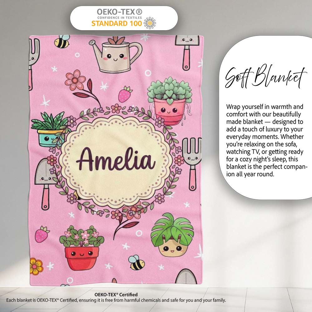 Cute Kawaii Garden Tools Bees Flowers Plants Pink Background  Personalised Custom Name Super Soft Fleece Blanket Bed Sofa Throw
