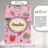 Cute Kawaii Garden Tools Bees Flowers Plants Pink Background  Personalised Custom Name Super Soft Fleece Blanket Bed Sofa Throw