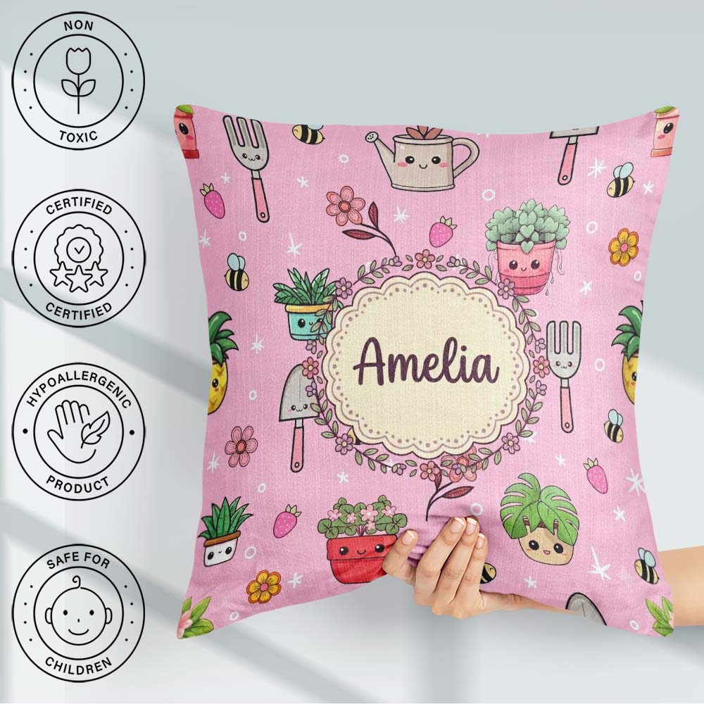 Custom Name Cute Kawaii Garden Tools Bees Plants Pink Background Square Filled Cushion Throw Pillow Sofa Bed Home Decor Zip Washable UK Made
