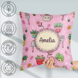 Custom Name Cute Kawaii Garden Tools Bees Plants Pink Background Square Filled Cushion Throw Pillow Sofa Bed Home Decor Zip Washable UK Made
