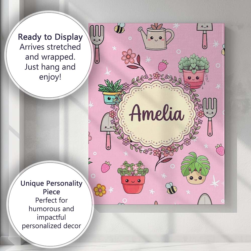 Personalised Name Cute Kawaii Garden Tools Custom  Unique Gift Idea Elegant Feature Canvas Wall Art Print Decor Picture Ready to Hang