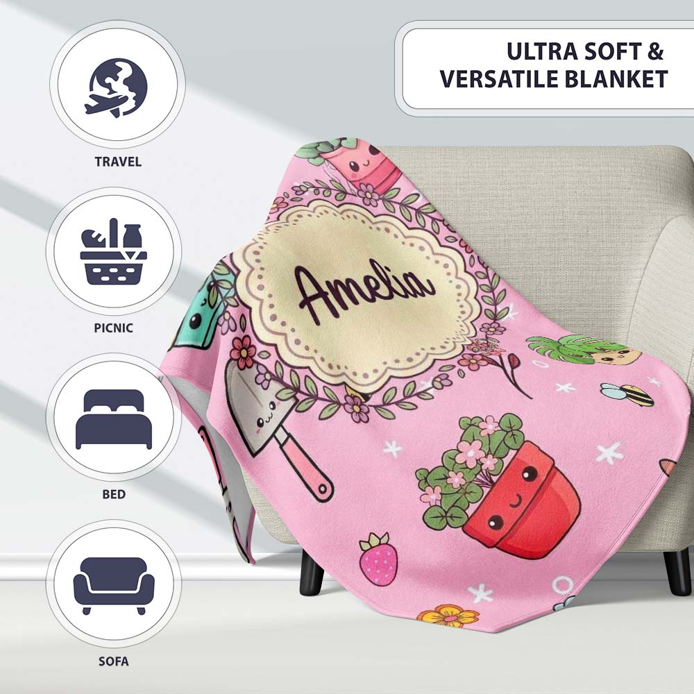 Cute Kawaii Garden Tools Bees Flowers Plants Pink Background  Personalised Custom Name Super Soft Fleece Blanket Bed Sofa Throw