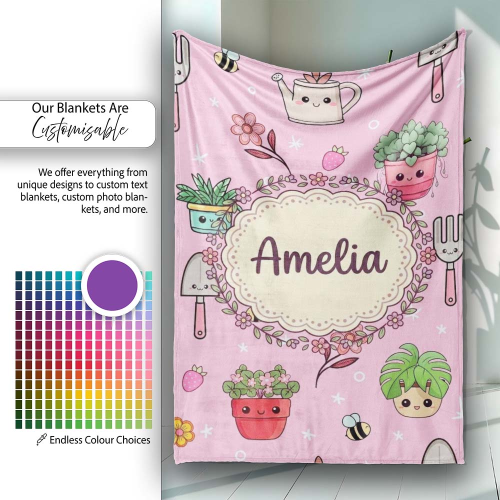 Cute Kawaii Garden Tools Bees Flowers Plants Pink Background  Personalised Custom Name Super Soft Fleece Blanket Bed Sofa Throw