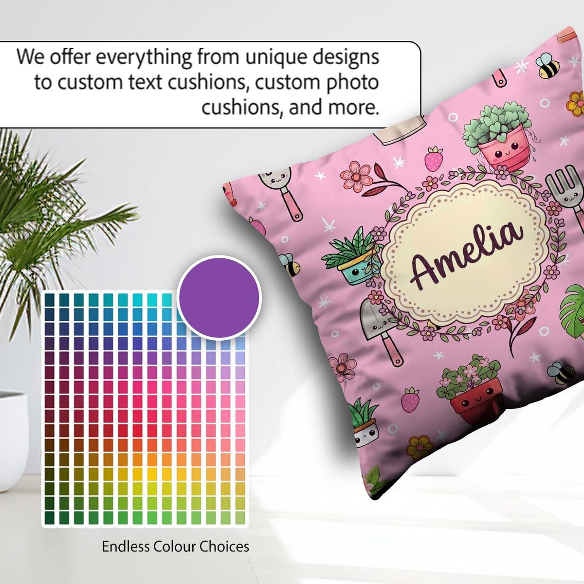 Custom Name Cute Kawaii Garden Tools Bees Plants Pink Background Square Filled Cushion Throw Pillow Sofa Bed Home Decor Zip Washable UK Made