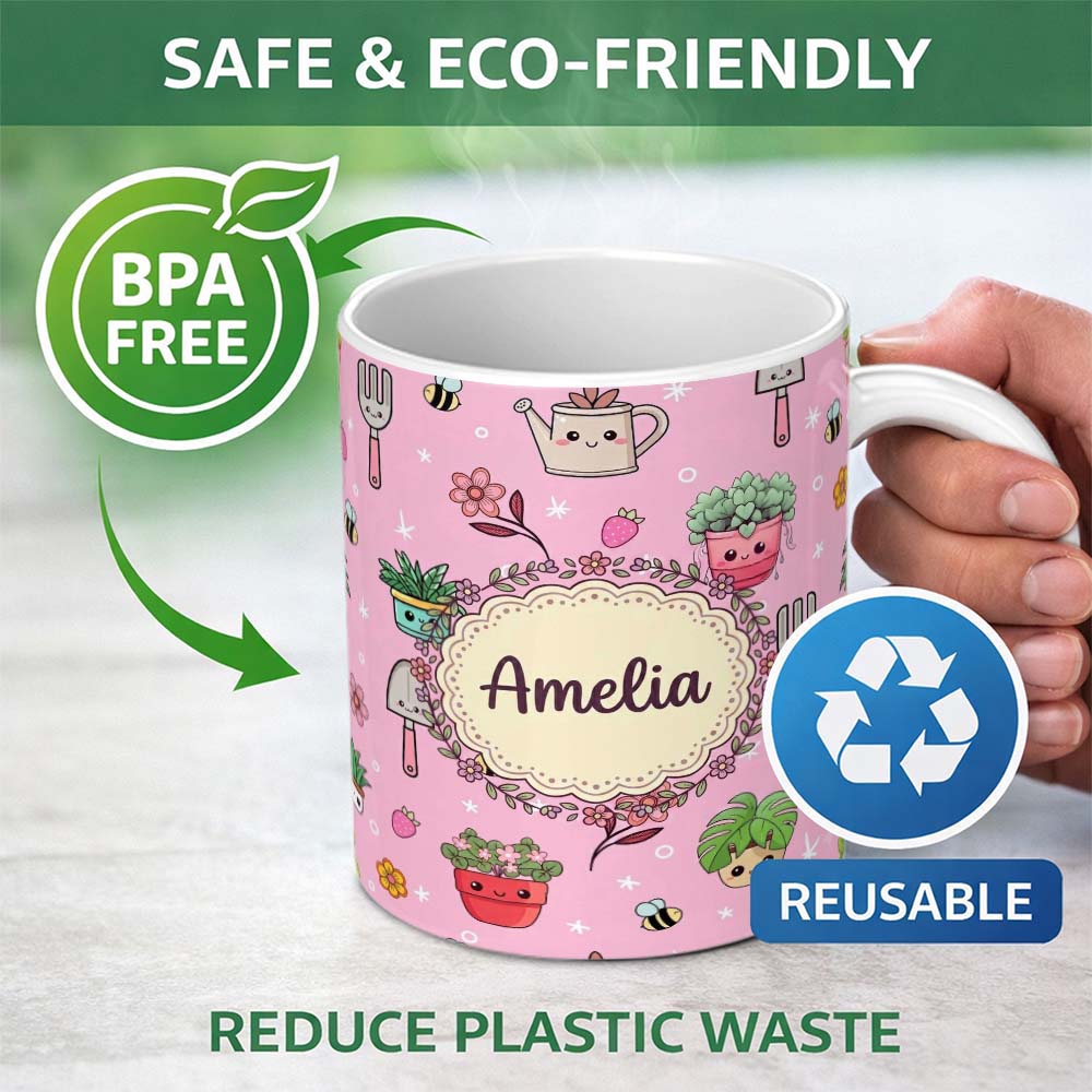 Personalized Custom Name Cute Kawaii Garden Tools Bees Flowers Plants Pink Background 11oz Ceramic Coffee Tea Mug White Large Handle