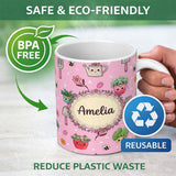 Personalized Custom Name Cute Kawaii Garden Tools Bees Flowers Plants Pink Background 11oz Ceramic Coffee Tea Mug White Large Handle
