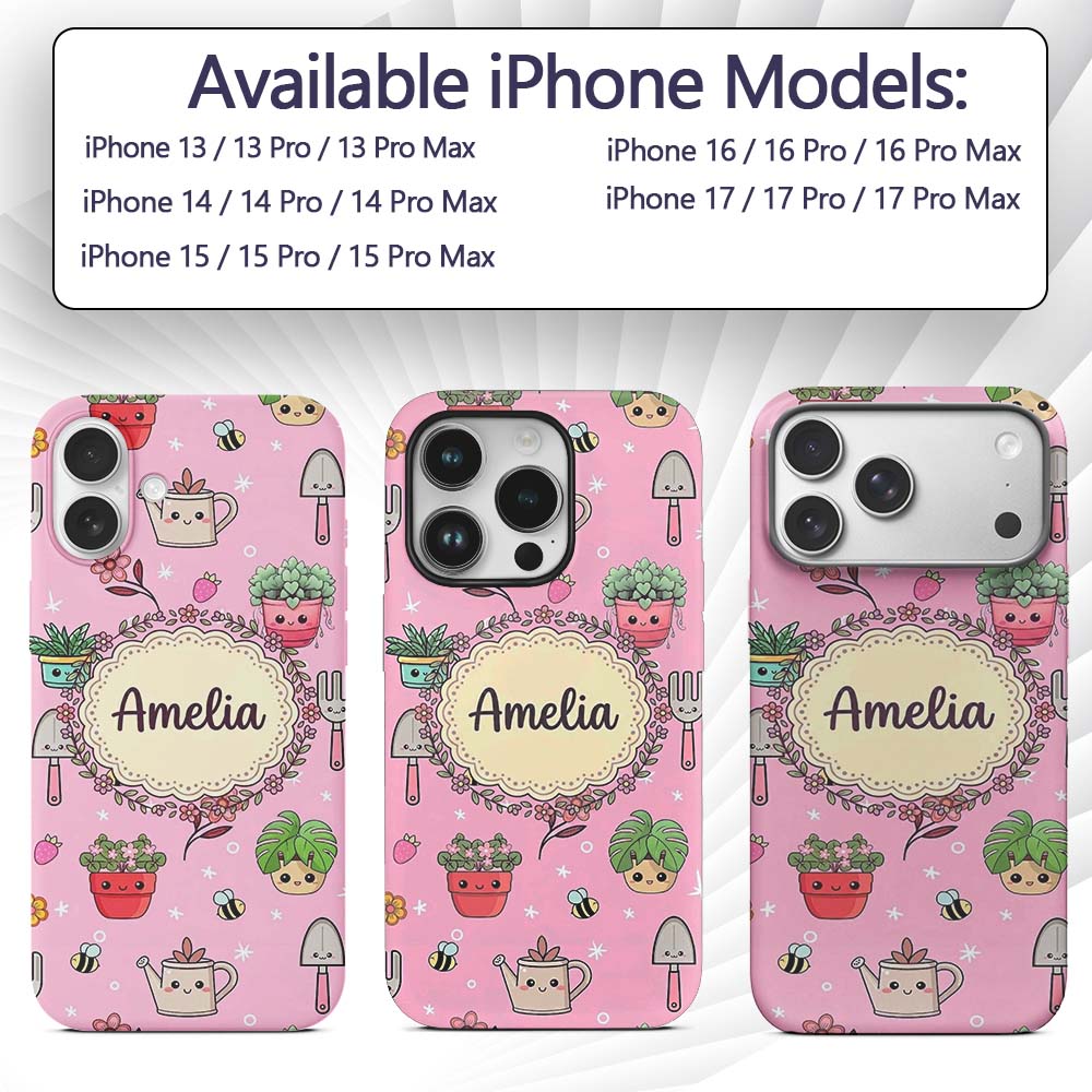 Cute Kawaii Garden Tools Bees Flowers Plants Pink Custom Name Protective Phone Case Mobile Cover Durable Everyday Smartphone Shock Resistant