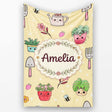 Cute Kawaii Garden Tools Bees Flowers Plants Yellow Background  Personalised Custom Name Super Soft Fleece Blanket Bed Sofa Throw