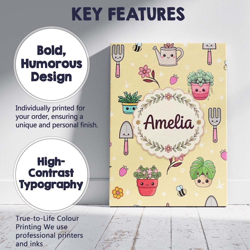 Personalised Name Cute Kawaii Garden Tools Custom  Unique Gift Idea Elegant Feature Canvas Wall Art Print Decor Picture Ready to Hang