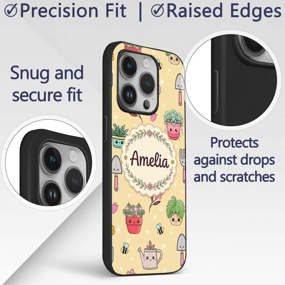 Cute Kawaii Garden Tools Bees Flowers Plants Custom Name Protective Phone Case Mobile Cover Durable Everyday Smartphone Shock Resistant