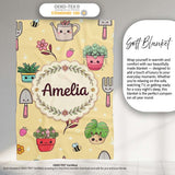 Cute Kawaii Garden Tools Bees Flowers Plants Yellow Background  Personalised Custom Name Super Soft Fleece Blanket Bed Sofa Throw