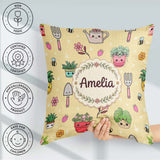 Custom Name Cute Kawaii Garden Tools Bees Flowers Plants Yellow Square Filled Cushion Throw Pillow Sofa Bed Home Decor Zip Washable UK Made