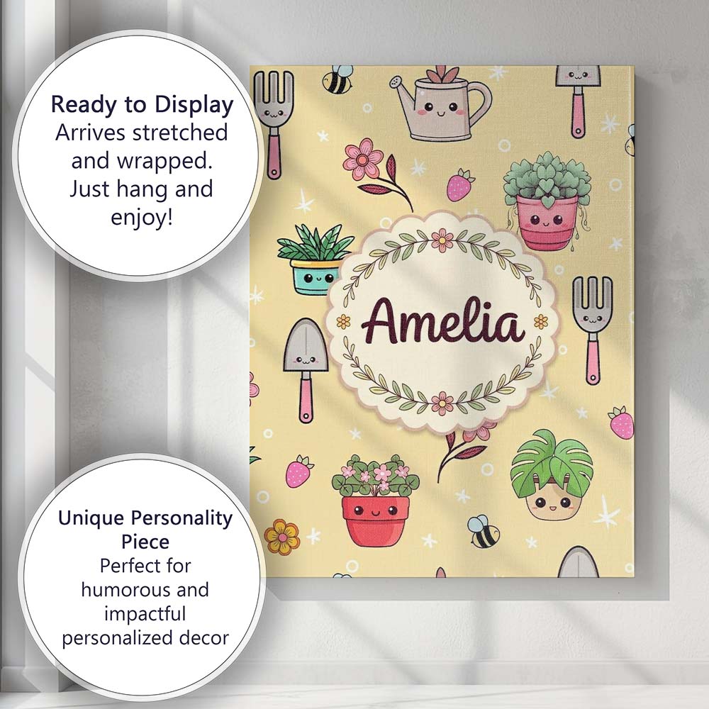 Personalised Name Cute Kawaii Garden Tools Custom  Unique Gift Idea Elegant Feature Canvas Wall Art Print Decor Picture Ready to Hang
