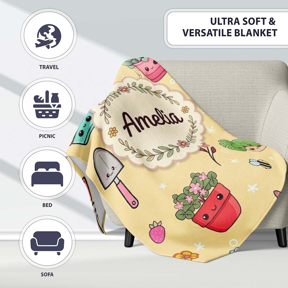 Cute Kawaii Garden Tools Bees Flowers Plants Yellow Background  Personalised Custom Name Super Soft Fleece Blanket Bed Sofa Throw