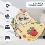 Cute Kawaii Garden Tools Bees Flowers Plants Yellow Background  Personalised Custom Name Super Soft Fleece Blanket Bed Sofa Throw