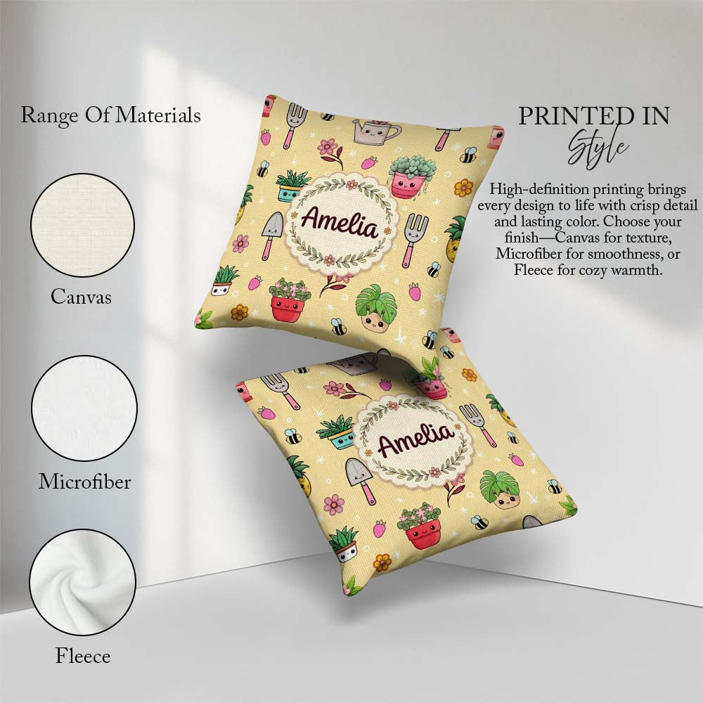 Custom Name Cute Kawaii Garden Tools Bees Flowers Plants Yellow Square Filled Cushion Throw Pillow Sofa Bed Home Decor Zip Washable UK Made