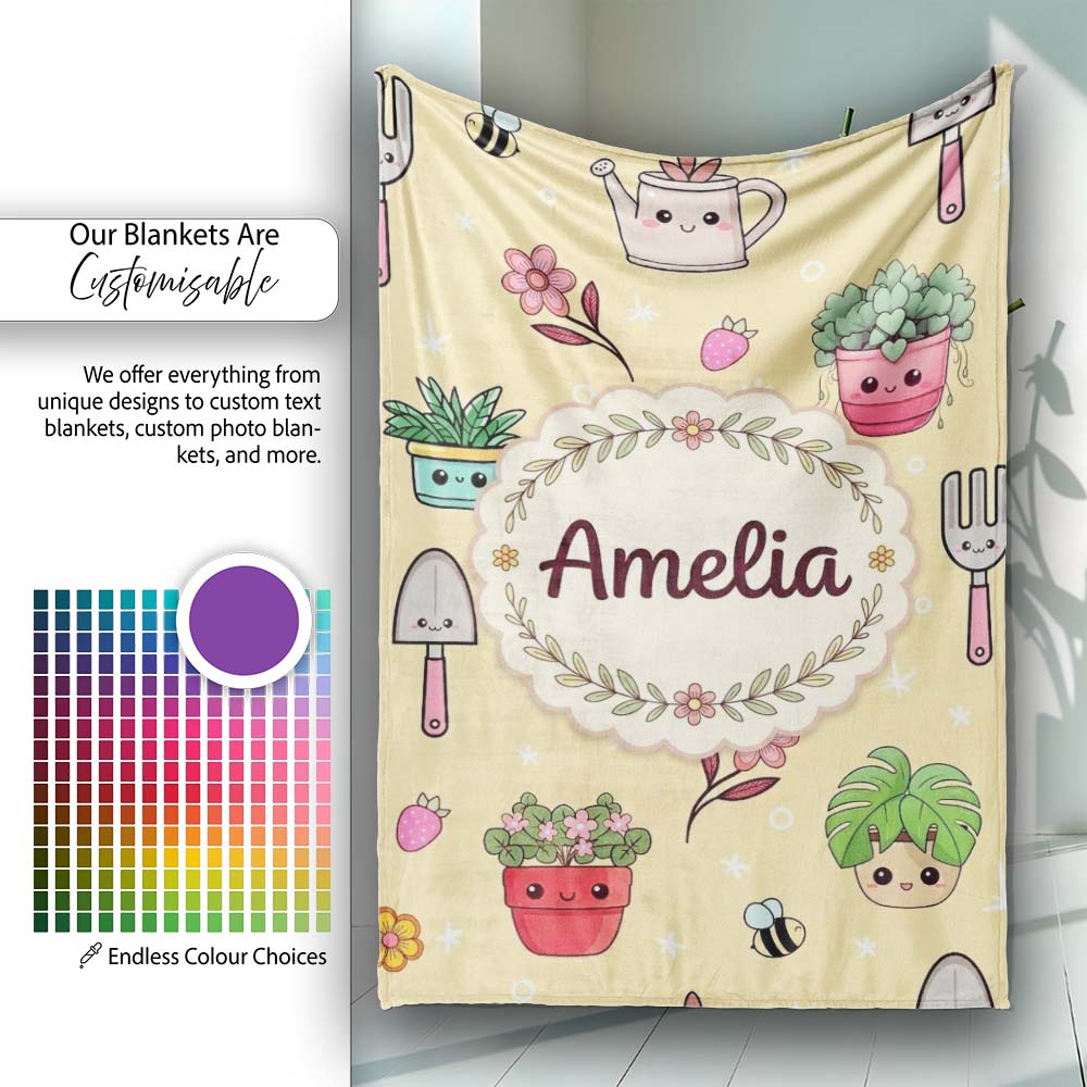 Cute Kawaii Garden Tools Bees Flowers Plants Yellow Background  Personalised Custom Name Super Soft Fleece Blanket Bed Sofa Throw