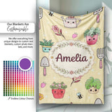 Cute Kawaii Garden Tools Bees Flowers Plants Yellow Background  Personalised Custom Name Super Soft Fleece Blanket Bed Sofa Throw
