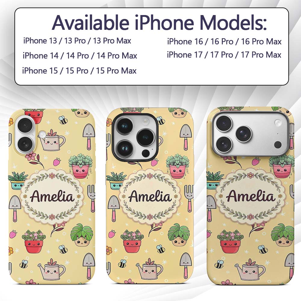 Cute Kawaii Garden Tools Bees Flowers Plants Custom Name Protective Phone Case Mobile Cover Durable Everyday Smartphone Shock Resistant
