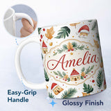 Personalized Custom Name Festive Christmas Leaves Santa Houses Baubles Watercolor Seamless 11oz Ceramic Coffee Tea Mug White Large Handle